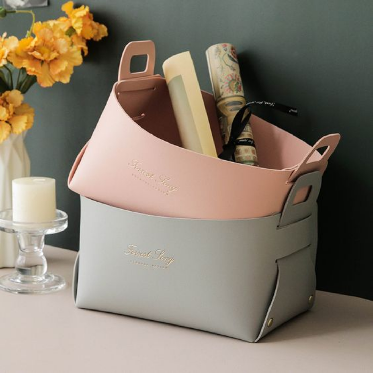 Folding Rectanglular Leather Desktop Storage Organiser