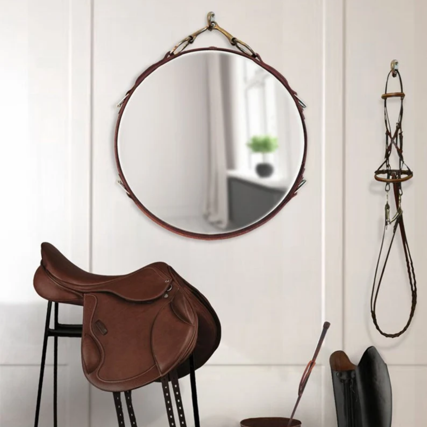 Equestrian Leather Mirror with Snaffle Bit
