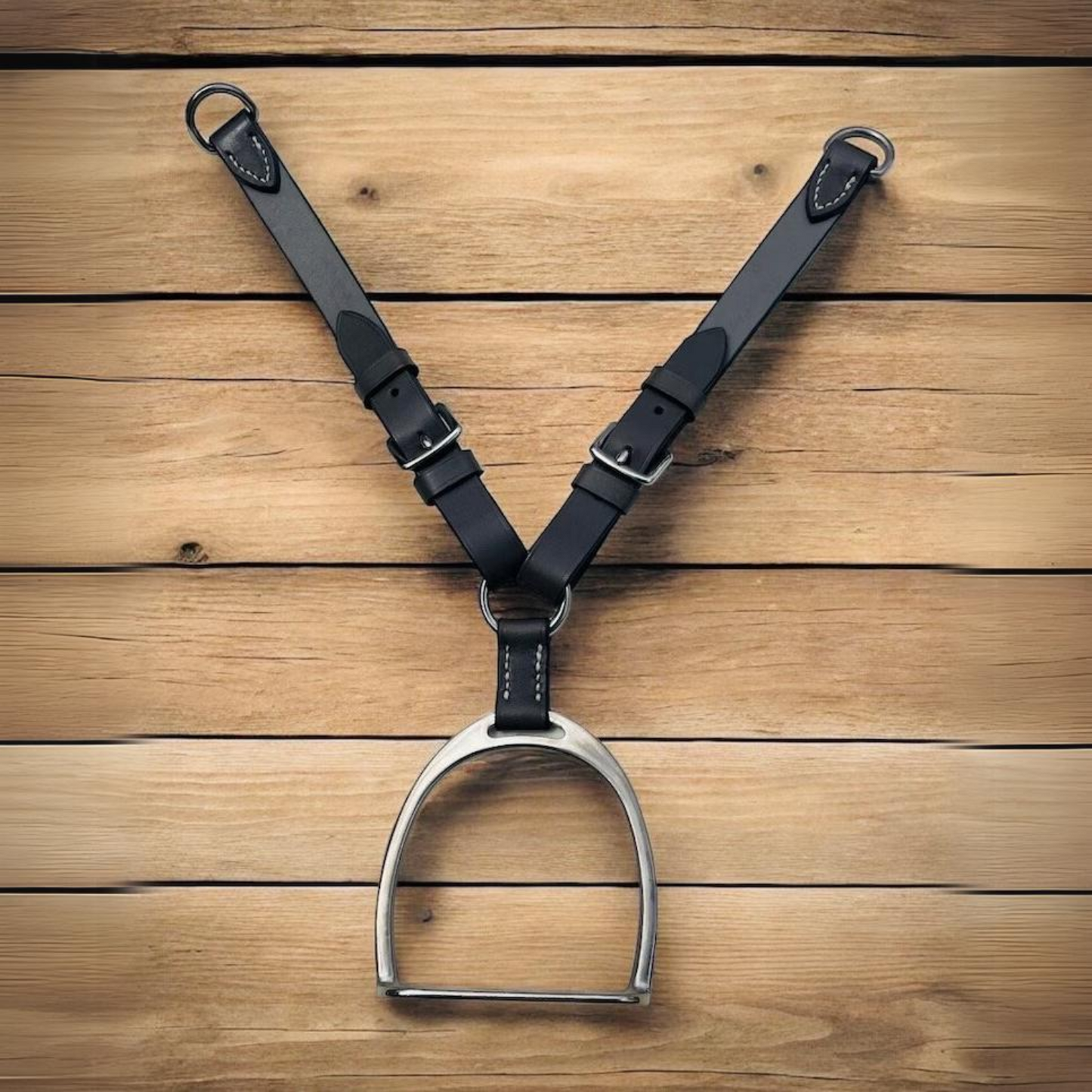 Miniature stirrup iron leather curtain tie backs.